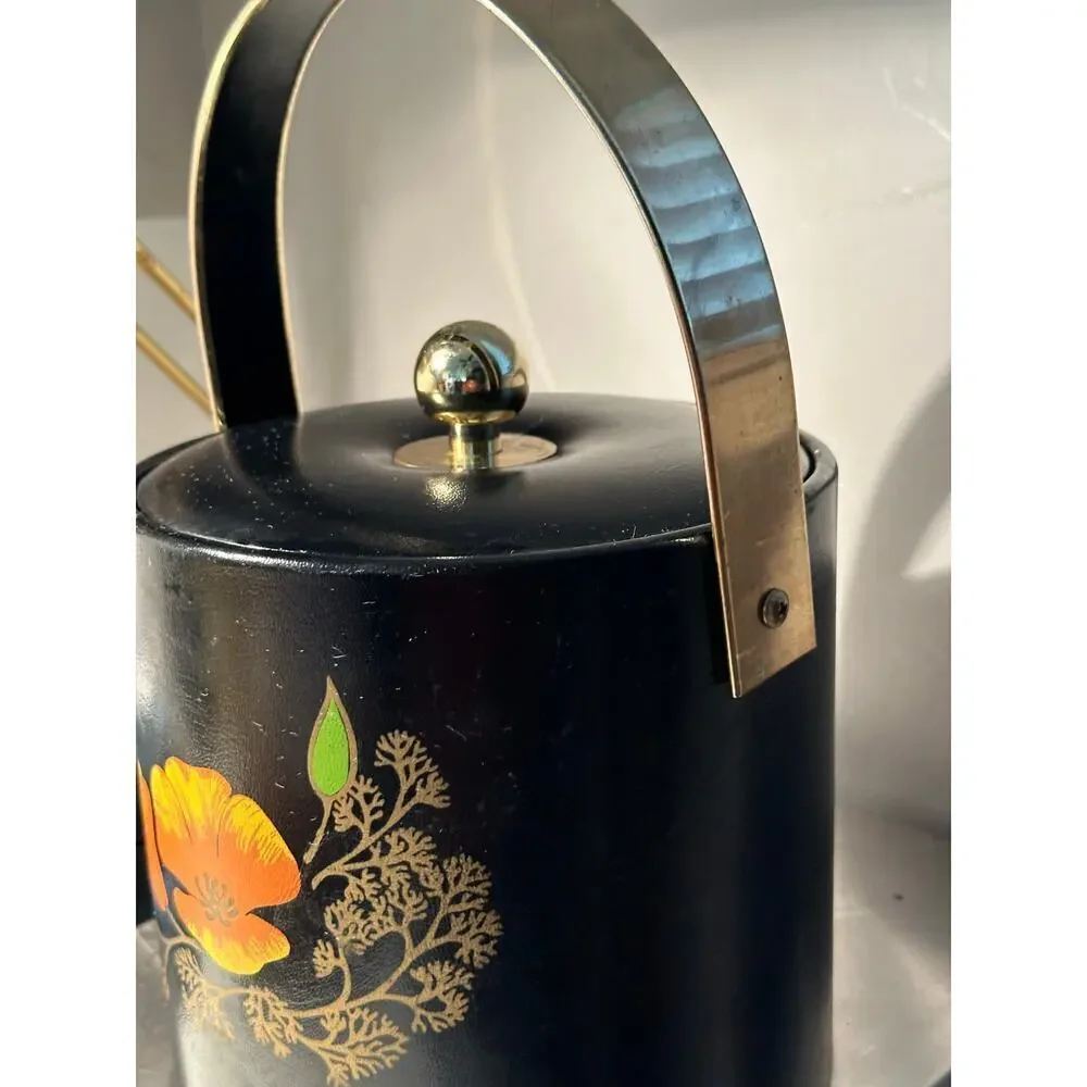 Vintage 1960’s Couroc California Poppy Black And Gold Ice Bucket Barware
